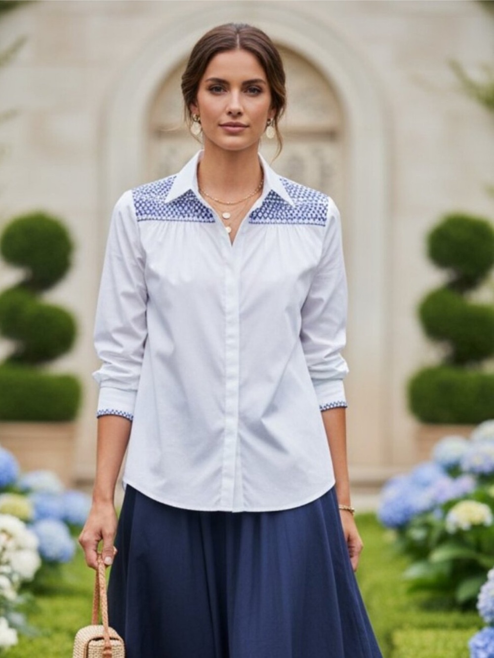 Tuckernuck Marlowe NWT XS White Cotton Blue Smocked Long Sleeve Button Down